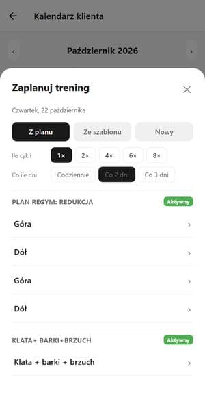 Ekran ReGym: kalendarz treningów